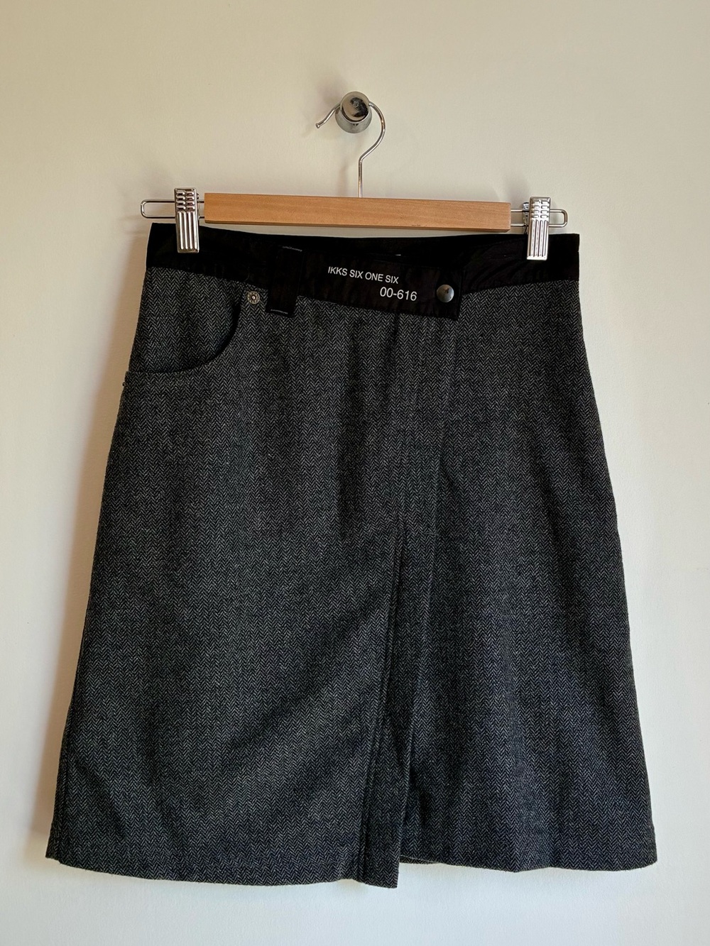 Ikks Paris Charcoal Grey Wool Blend Herringbone Asymmetric Wrap Mini Skirt XS